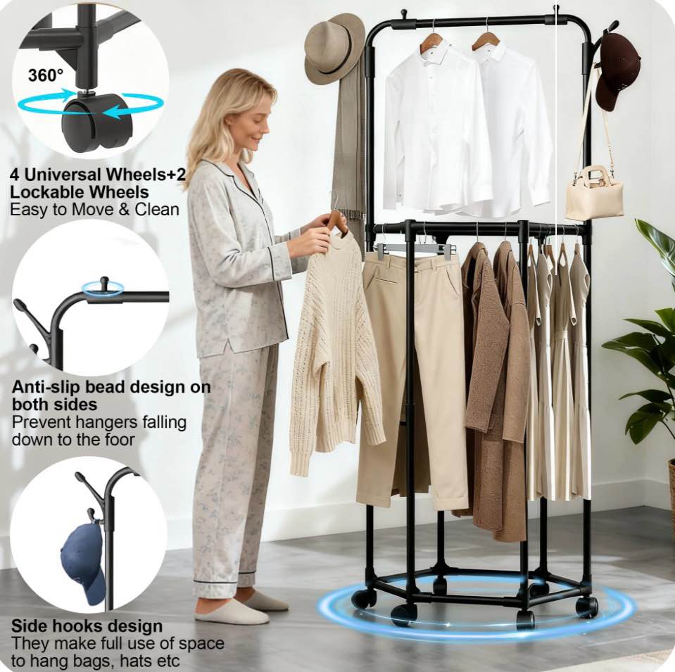 WEENEED Rolling Garment Rack, 2-Tier Metal Clothing Rack with Wheels, 360° Rotating Lower Rack, Double Rod Coat Rack with Hooks for Bedroom or Closet
