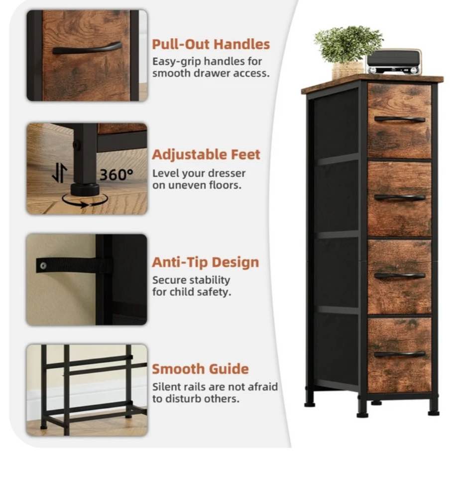 Eunos Narrow Dresser with 4 Slim Drawers for Bathroom Storage Cabinet Hallway, Wood Grain Print