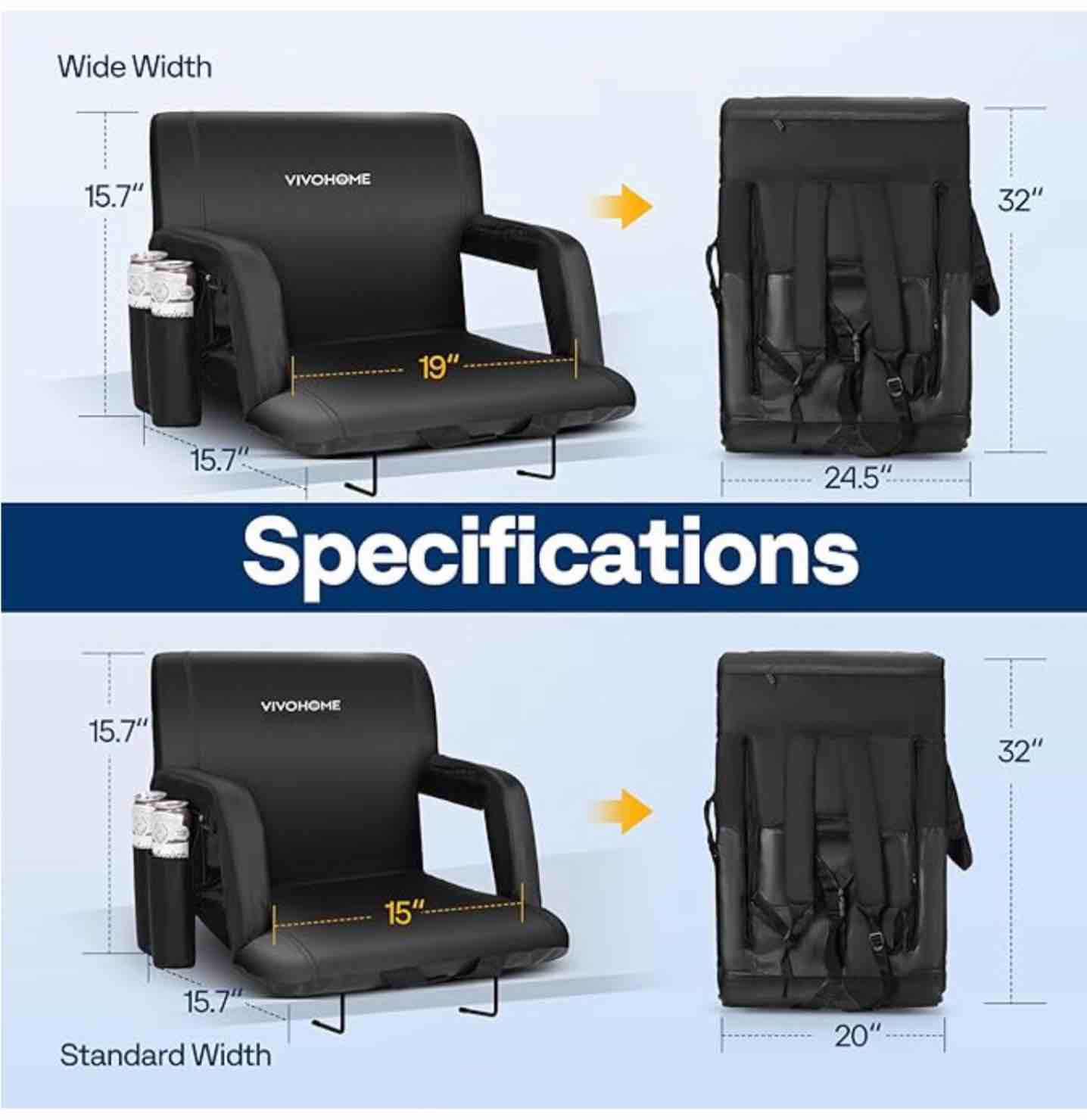 VIVOHOME Wide Reclining Stadium Seats with Back Support and Cushion, 2 Pack Portable Padded Bleacher Chairs with Armrest and Cup Holder, Comfortable for Various Sports Events