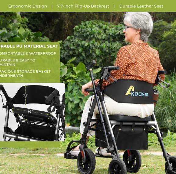 Foldable Rollator Walker for Seniors with Seat, Lightweight 2 In 1 Rolling Walkers Wheelchair Combo for Adult, Transport Chair with Brakes, Adjustable Seat and Handle, 300 Lb. Weight Capacity