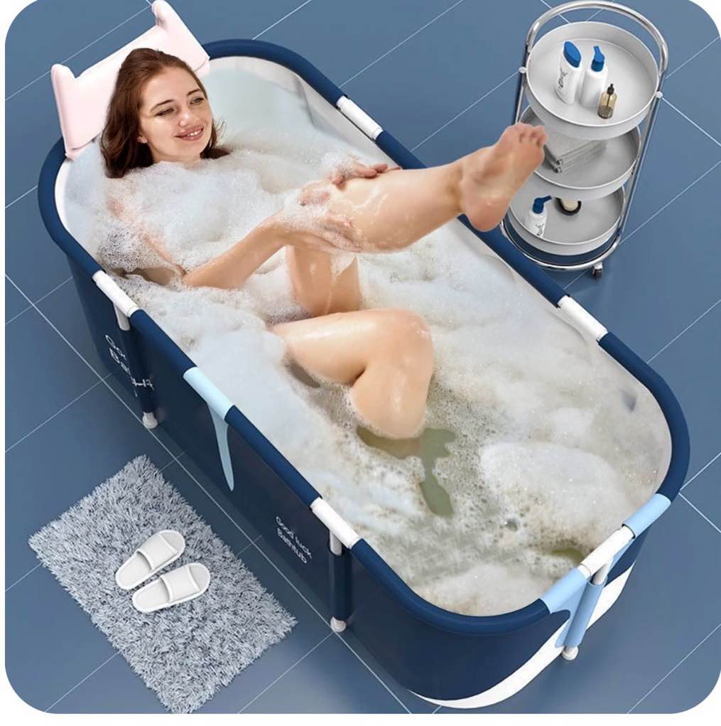 55in Portable Folding Bathtub, Bath Tub for 2 Person, Hot Ice Soaking Tub Bathroom, Blue White