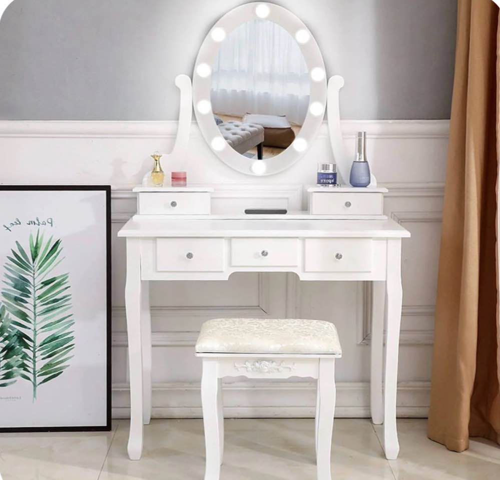 Ktaxon Vanity Table 10 LED Lights, 5 Drawers Makeup Dressing Desk with Cushioned Stool Set,Bedroom Vanities Set White