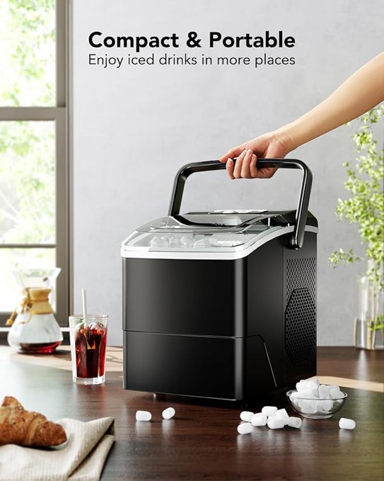 Ice Makers Machine 6 Mins 9 Bullet Ice, 26 Lbs/24 Hrs, Bullet Ice Maker with Self Cleaning Function, Portable Ice Maker for Home Kitchen Party, Black