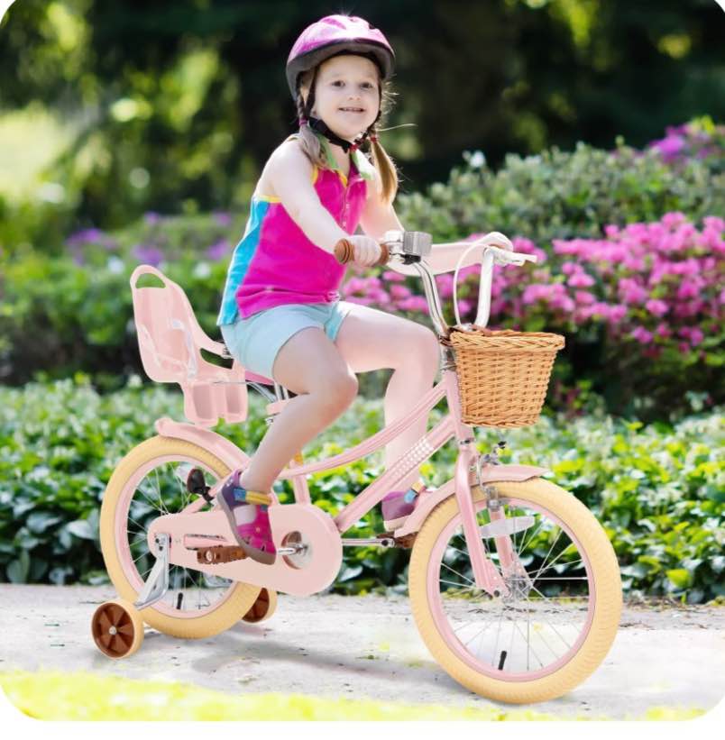 KORIMEFA Girl Bike for Toddlers and Kids Ages 4-8 Years Old, 12 14 16 Inch Kids Bike with Training Wheels & Basket, 14 in Girl Bicycle with Handbrake & Kickstand