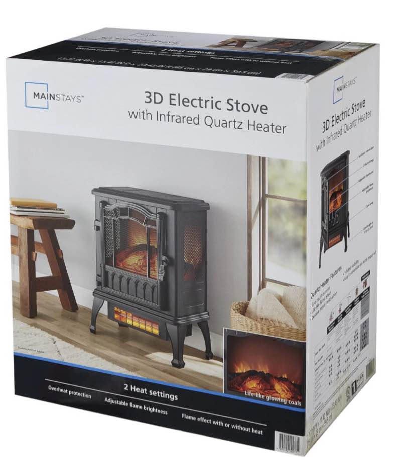 Mainstays New 2-Setting 3D Electric Stove Heater with Life-like Flame, Black