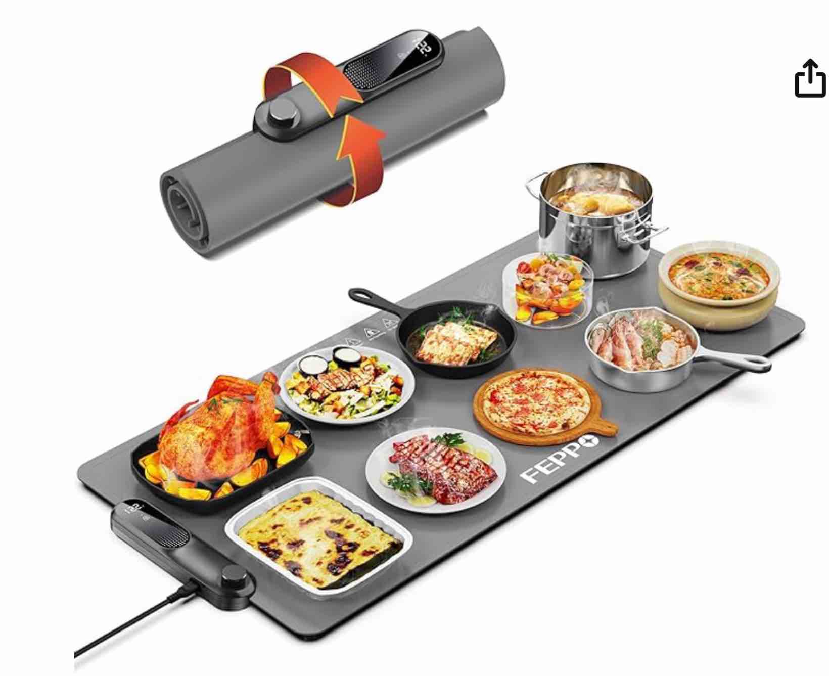 FEPPO Food Warming Mat, (XXL 35”x16”) Electric Warming Trays for Buffets Party, Fast Full-Surface Heating Mat for Food with 19 Level Adjustable Temperature and 6 Hours Timer, Roll Up Food Warmer