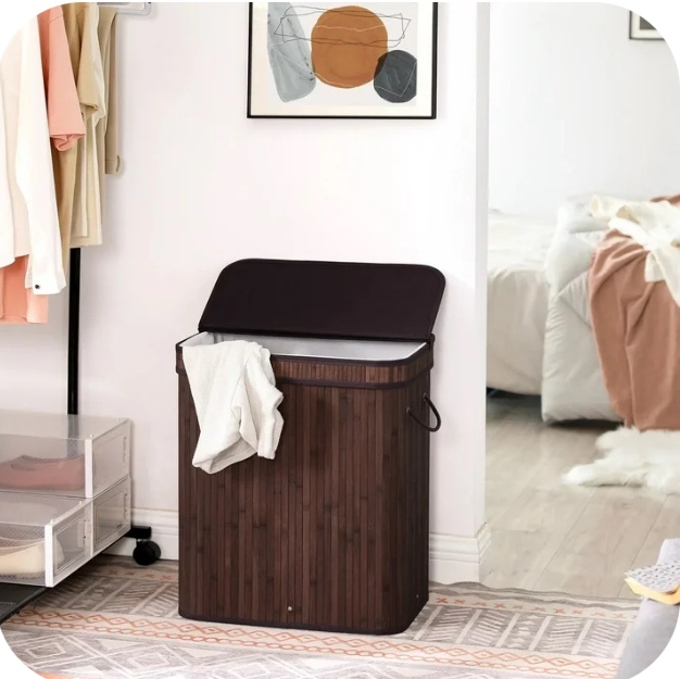 TEAFIRST 100L Large Bamboo Laundry Hamper, Clothes Storage Organiser Bag, Basket with Lid, Brown