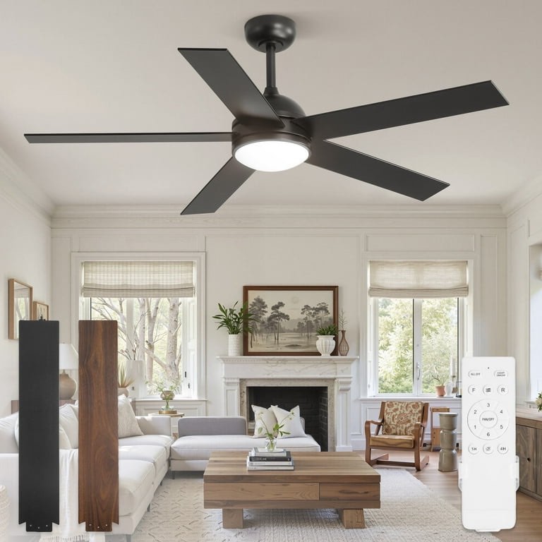 Zardon 52-inch Modern Ceiling Fan with Light and Remote Control, 6-Speed, 5 Blades, Ideal for Indoor Bedroom,Living Room, Black