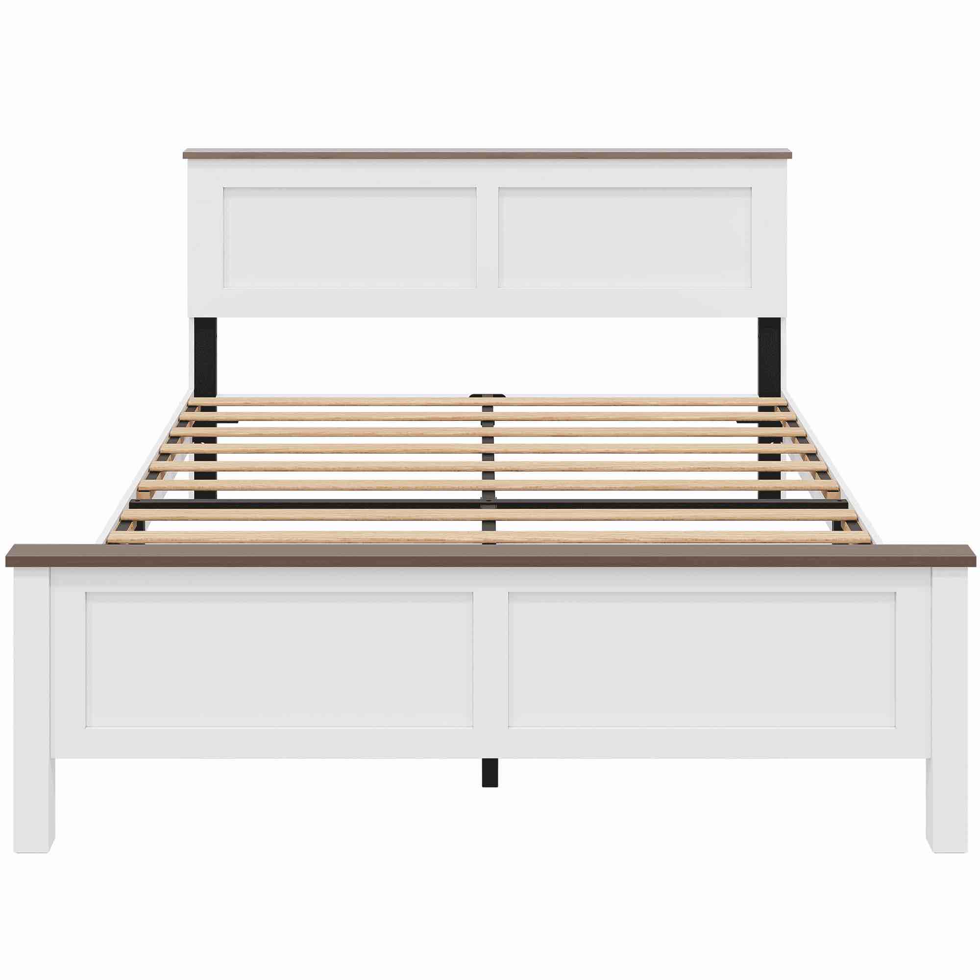UHOMEPRO Queen Size Bed Frame, Wooden Platform Bed with Headboard and Footboard, Strong Wood Slats Support, Farmhouse Style Queen Bed Frame, No Box Spring Needed, White