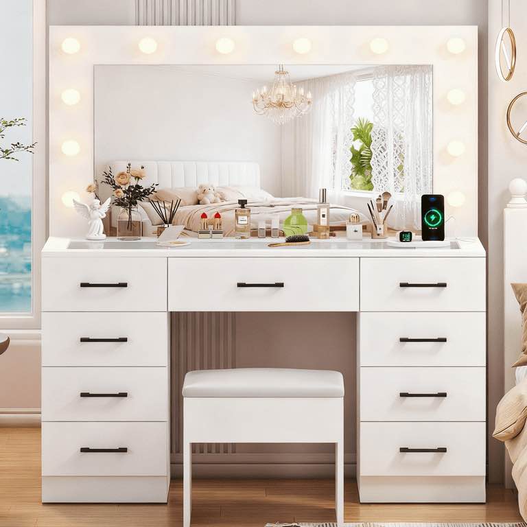 Ktaxon Large Makeup Vanity, Get Ready with Me GRWM Vanity Table Set w/ Visible Glass Top w/ Charging Station, White