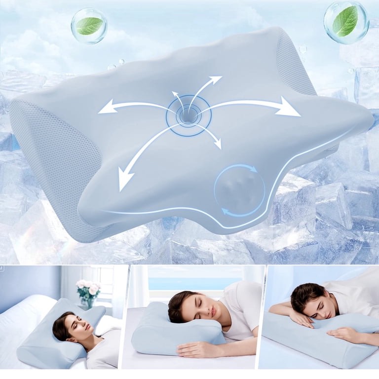 Vccoem Cervical Pillow for Neck Pain Relief, Ergonomic Hollow Design, Odorless Memory Foam Pillow for Sleeping, Orthopedic Contour Neck Support Pillows with Additional Pillowcase, Blue