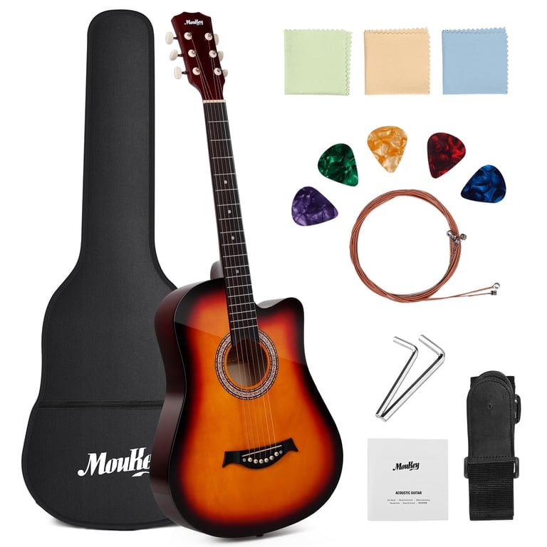 Moukey 38in Acoustic Guitar for Beginner Kid Adult Teen Guitarra Acustica with Chord Poster  Gig Bag  Tuner  Picks  Nylon Strings  Capo  Cloth  Strap - Sunset