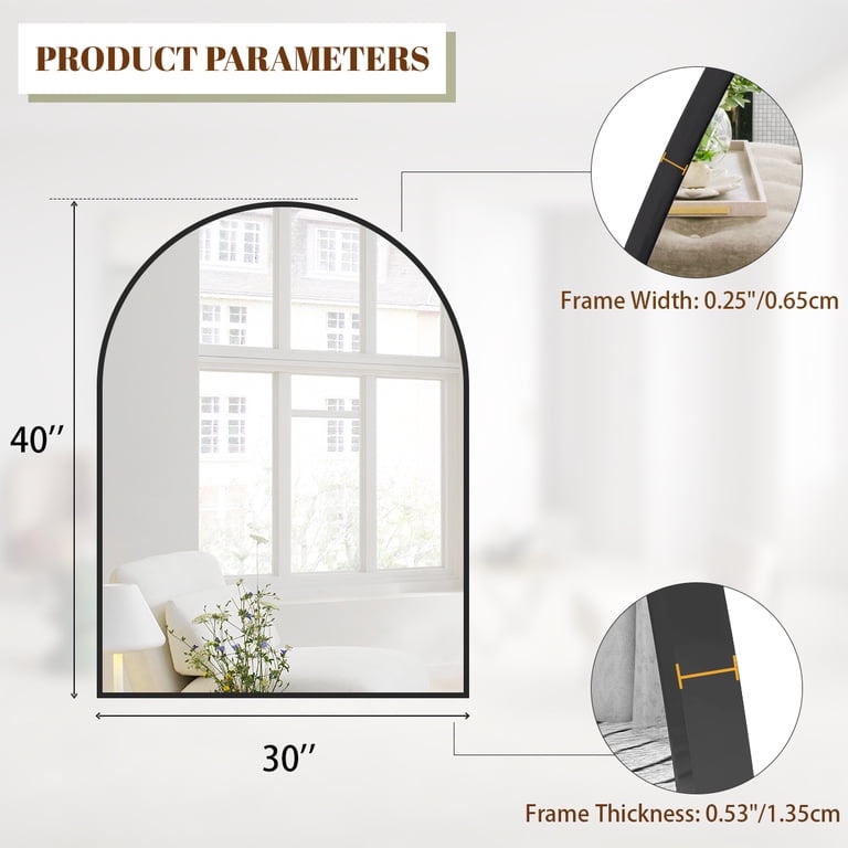 BEAUTYPEAK 30"x 40" Bathroom Mirror Wall Vanity Arched Mirror, Black