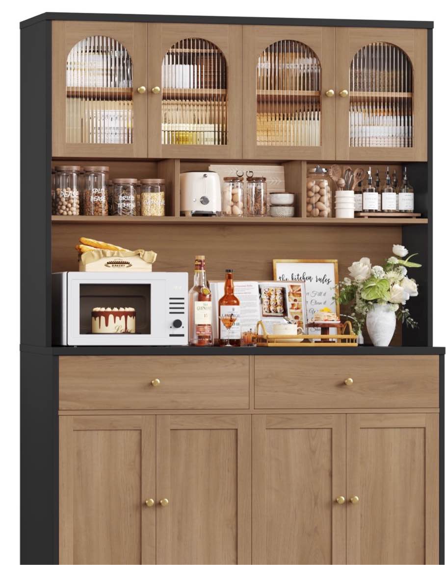 Hiphuta 71" Tall Pantry Cabinet with Arched Glass Doors, 47" Wide Kitchen Storage Cabinet with Microwave Stand & Charging Station, Hutch Cupboard for Kitchen Dining Room, Oak