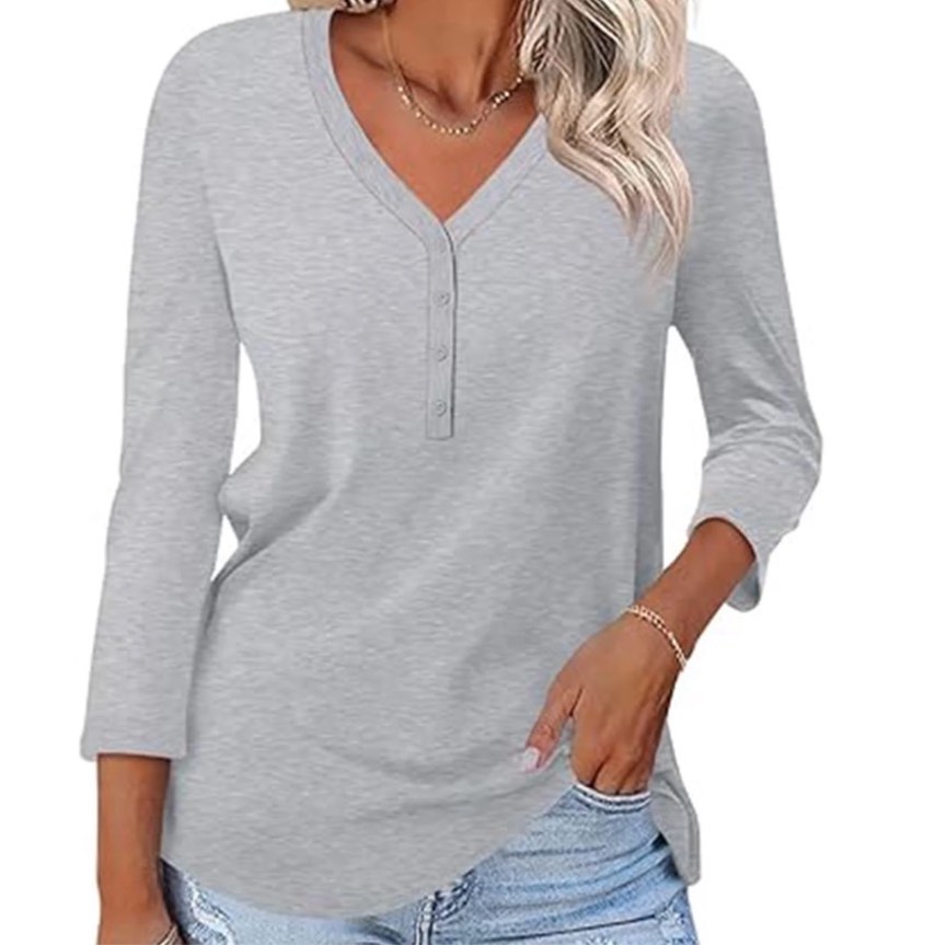 VDJ T Shirts for Women 3/4 Sleeve Summer Fall Basic Tee Solid Color Comfort Cool Light Grey Tunic Tops Size XXL