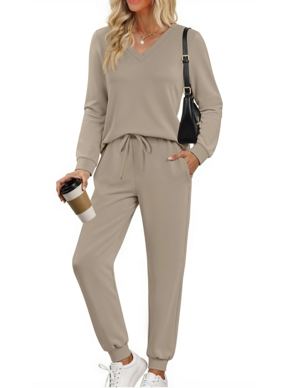 Fantaslook Two Piece Sets for Women Fall Outfits Fashion Lounge Sets V Neck Tops and Jogger Pants Tracksuit Vacation Travel Outfits