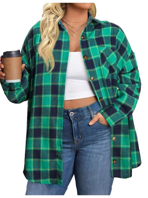 Fantaslook Plus Size Flannel Plaid Shirts for Women Long Sleeve Button Down Shirts Casual Loose Blouses Tops, XL