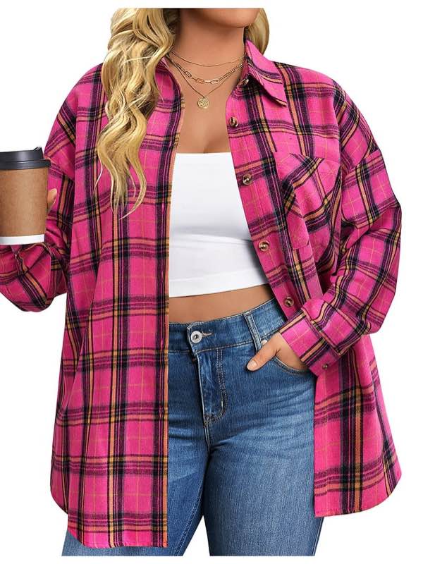 Fantaslook Plus Size Flannel Plaid Shirts for Women Long Sleeve Button Down Shirts Casual Loose Blouses Tops, XL