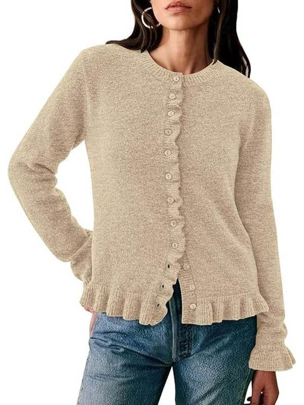 PRETTYGARDEN Womens Fall Button Down Cardigans Chunky Knit Ruffle Open Front Cropped Cardigan Sweaters Soft Long Sleeve Tops, L