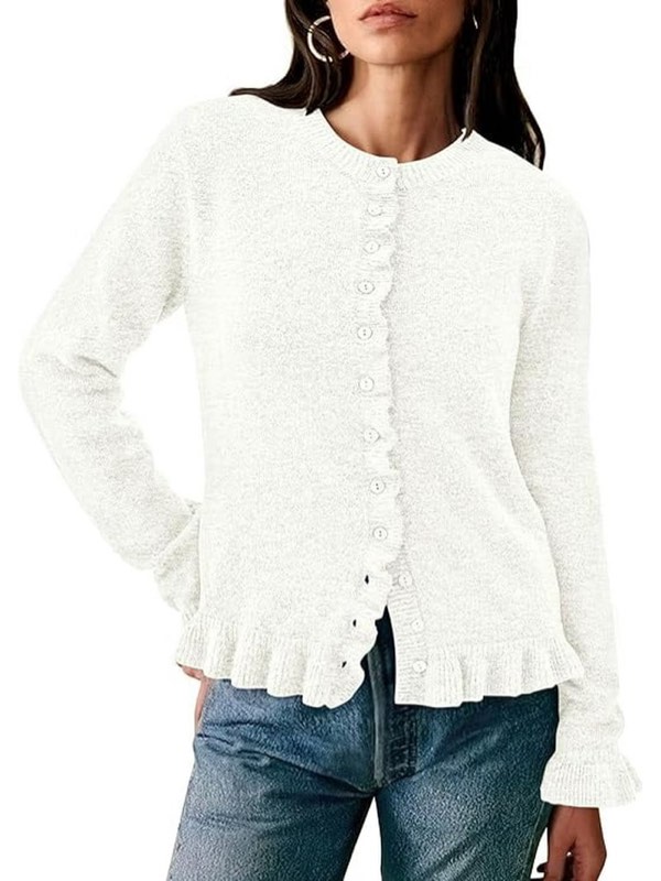 PRETTYGARDEN Womens Fall Button Down Cardigans Chunky Knit Ruffle Open Front Cropped Cardigan Sweaters Soft Long Sleeve Tops, L