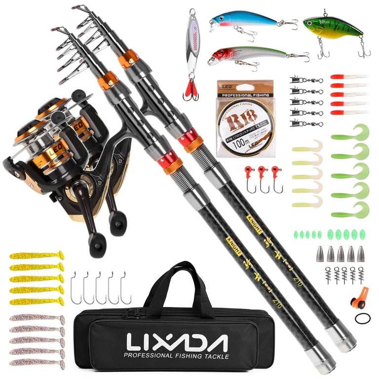 Lixada 2PCS Carbon Fiber Telescopic Fishing Rod and Reel Combo Kit,Spinning Fishing Reel Gear Organizer Pole Set
