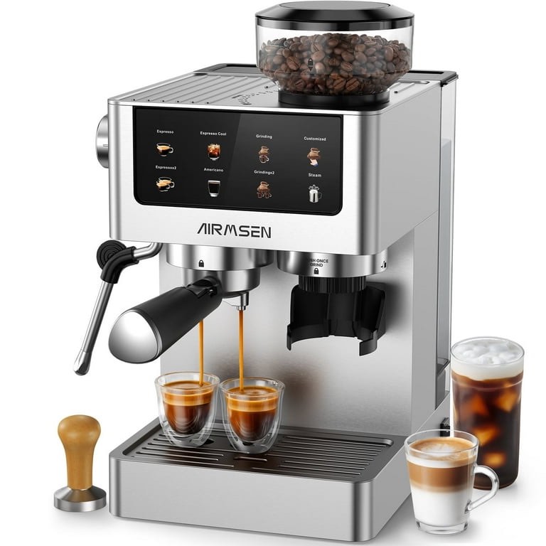 AIRMSEN Espresso Machine with Grinder, Espresso Coffee Machine with Customized Grind Amount & Coffee Volume, Cold Brew Coffee Maker for Cappuccino Latte Americano, Brushed Stainless Steel