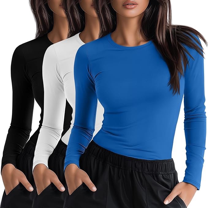 Neer 3 Pack Womens Underscrub Shirts Long Sleeve Crewneck Tops Fitted Layering Clothes Comfort Knit Tops for Nurse