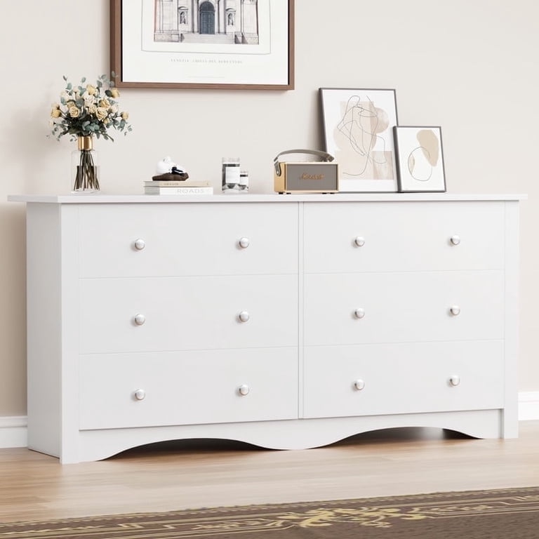 Lumihaven Rustic Modern Chest of 6 Drawers,Extra Wide Double Dresser for Master Bedroom or Nursery Storage,White