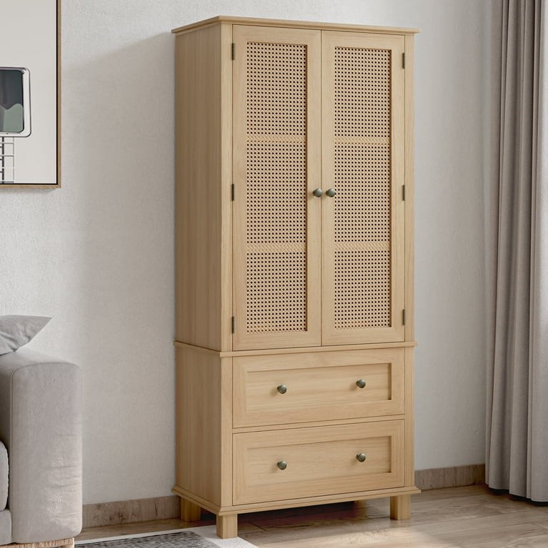 Homfa Rattan Cabinet with Doors, Tall Storage Cabinet with 2 Drawers, Narrow Accent Versatile Cabinet for Living Room, Oak