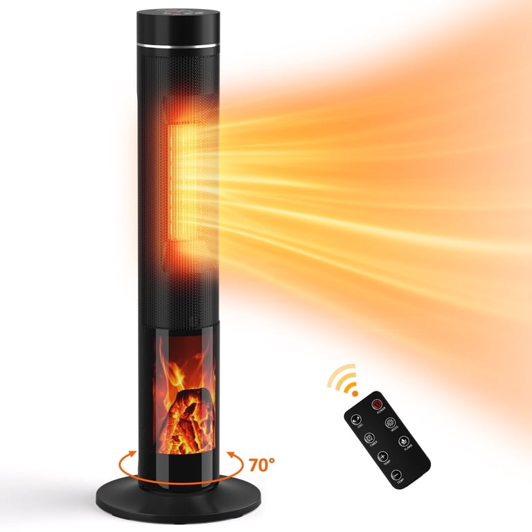 PRO CHOICE 1500W Tower Space Heater with Flame Effect, 34" Electric Heater for Indoor Use, ECO Mode, Remote - Fast Heating for Bedroom, Office