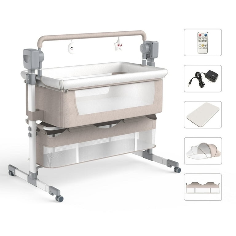 SteAnny Electric Rocking Crib Unisex Baby Cradle Newborn Bedside Sleeper with Remote Bassinet(Khaki/White)