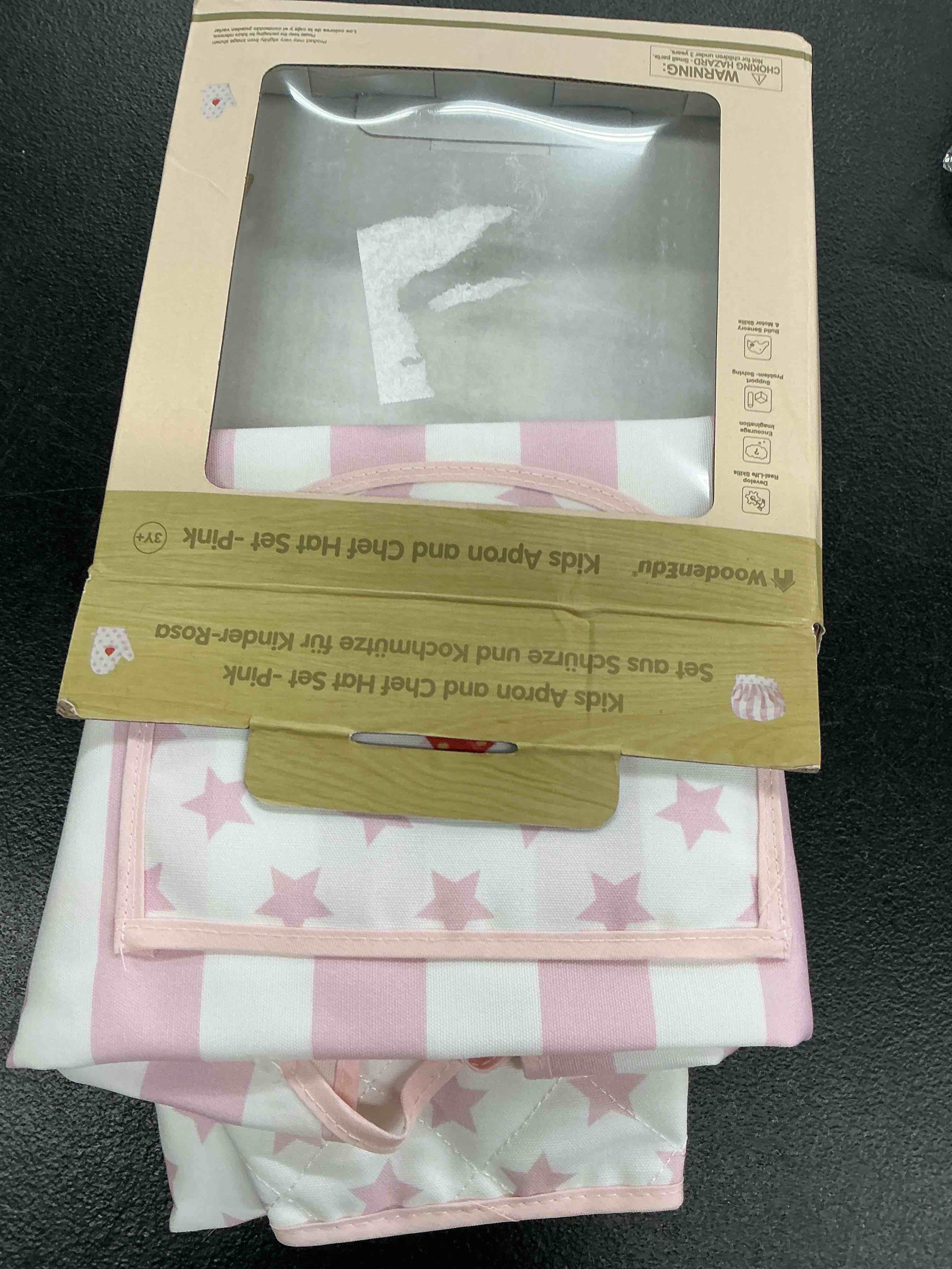 Condition photo showing Good Condition for kid apron and chef hat set, 3 pcs children cooking baking set kits role play chef toy kid cooking gift for girls boys (pink)
