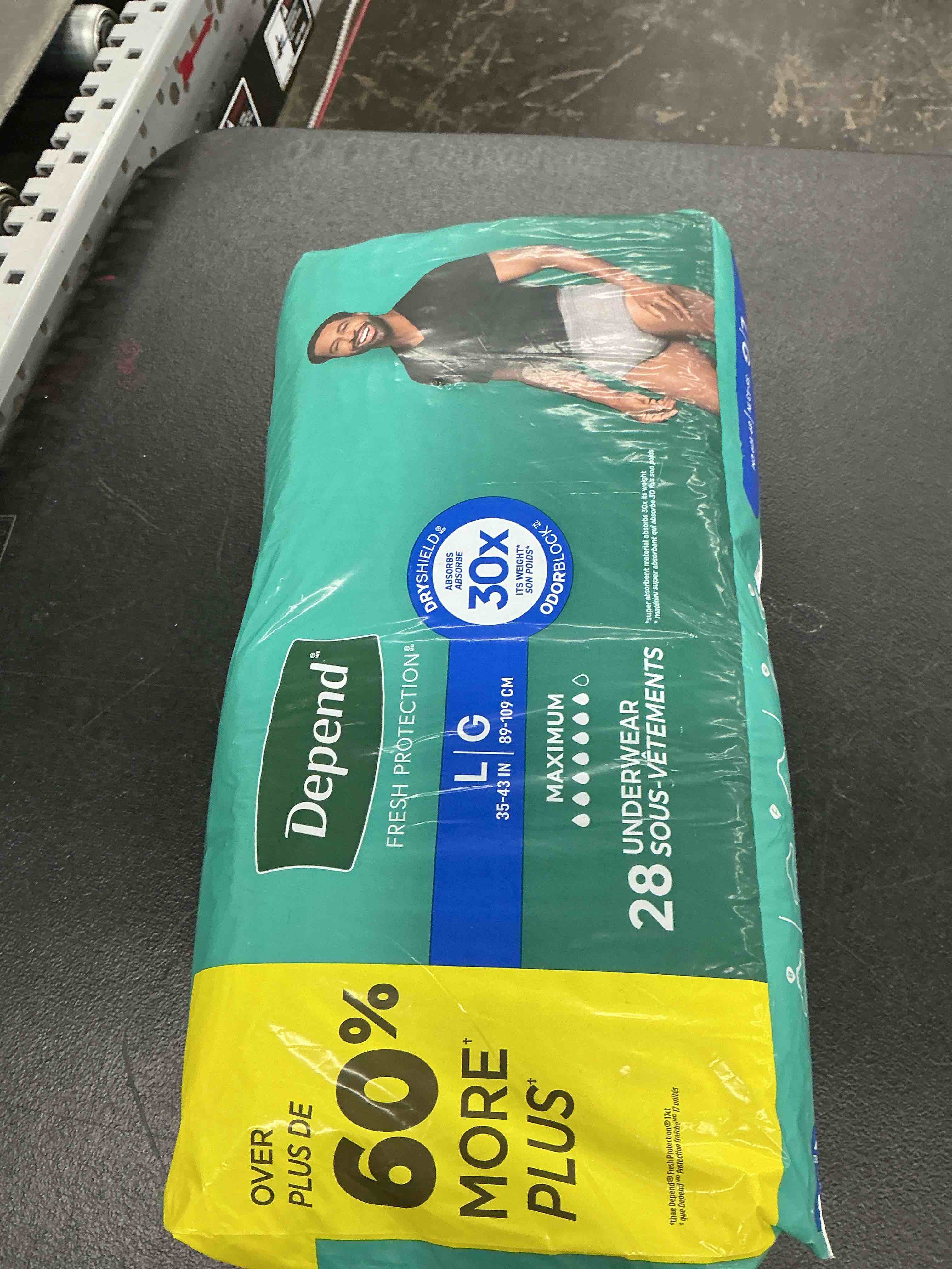 Condition photo showing New/Like New for depend fresh protection adult diapers, incontinence underwear for men, disposable, maximum, large, grey, 28 count, packaging may vary large 28