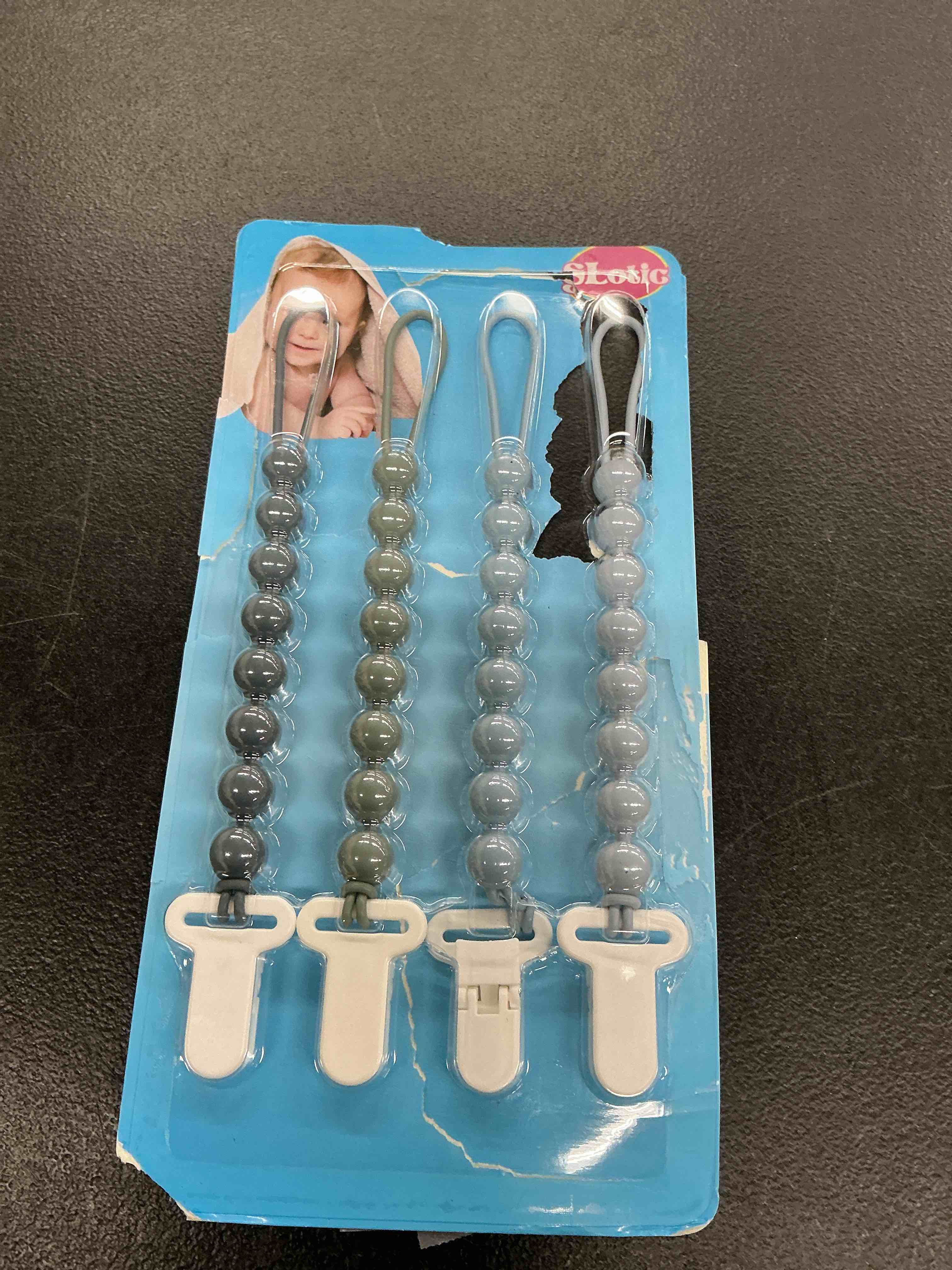Condition photo showing Good Condition for 4-pack silicone pacifier clips with one-piece beads for baby boys and girls - flexible and rust-free holders for teething relief and baby essentials, safe for newborns (grey)