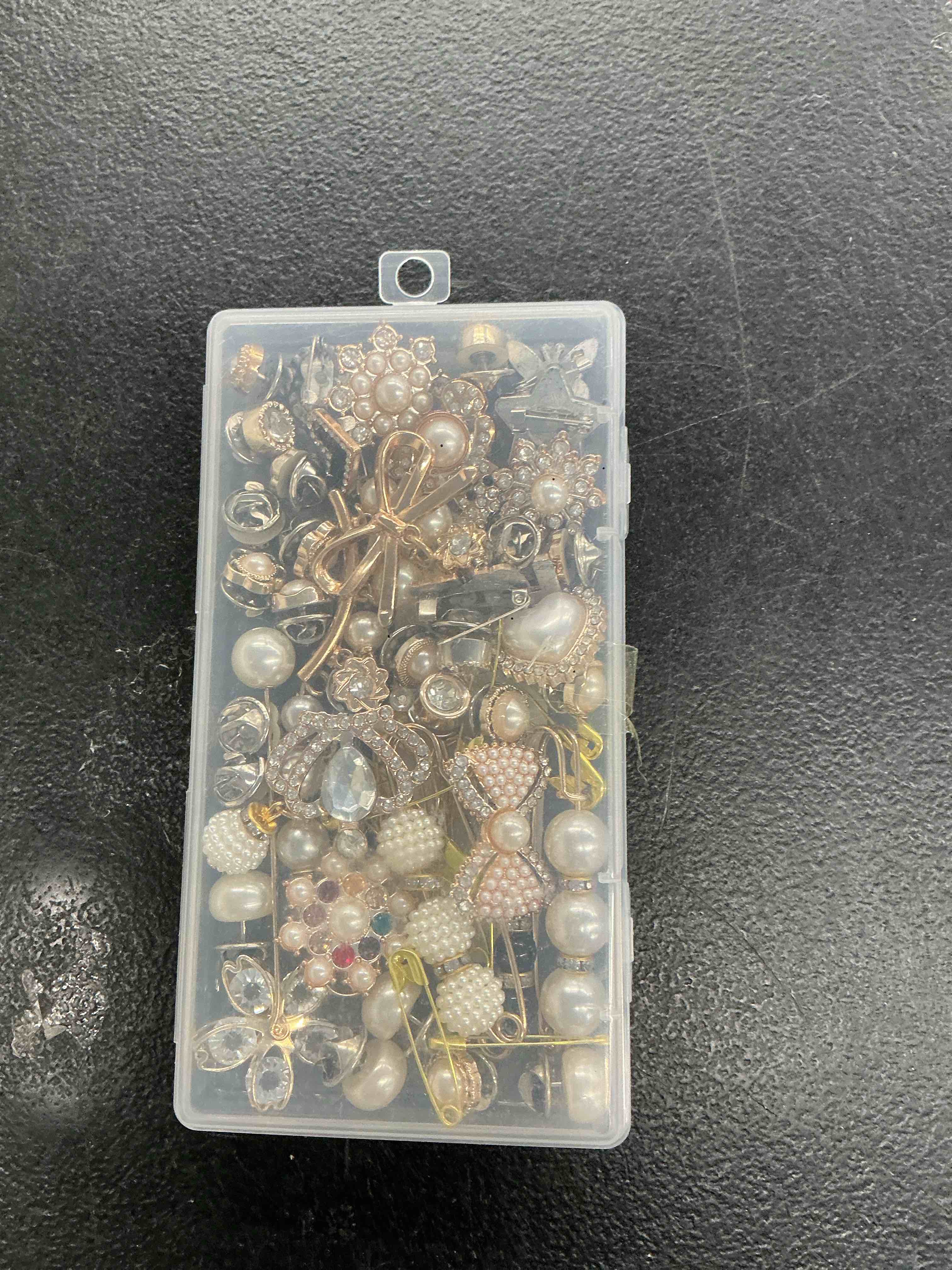 Condition photo showing Good Condition for charms for socks safety pin brooch,55pcs junk sock charms pins gold bling sock jewelry charms,brooch pins for socks,pearl rhinestone brooch pins costom shoe sock charms kit bulk for hat clothes