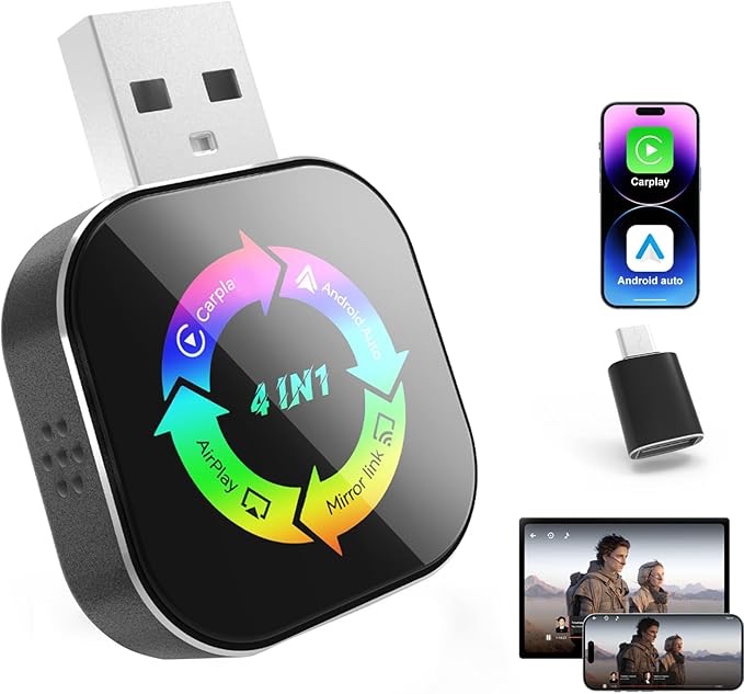 2026 upgraded wireless carplay adapter, 4 in 1 screen mirroring support mirror link/airplay for apple carplay & android auto, mini usb/type-c plug & play car play adapter, wired to wireless no latency