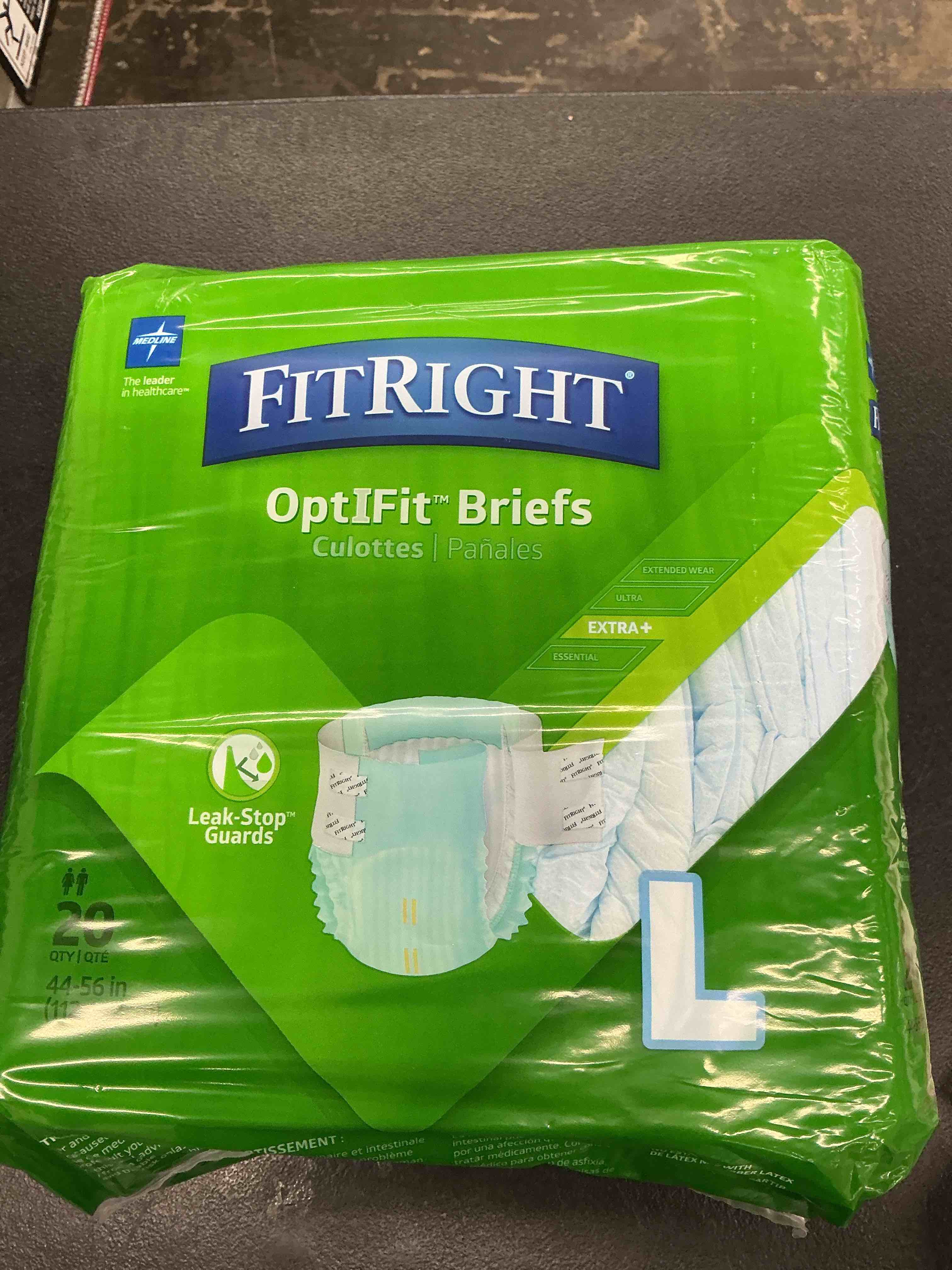 Condition photo showing New/Like New for fitright extra+ adult diapers, disposable incontinence briefs, leak-proof diaper, absorbent briefs for men and women, maximum protection, large, 44 – 56 in, 20 briefs per bag 20 count large