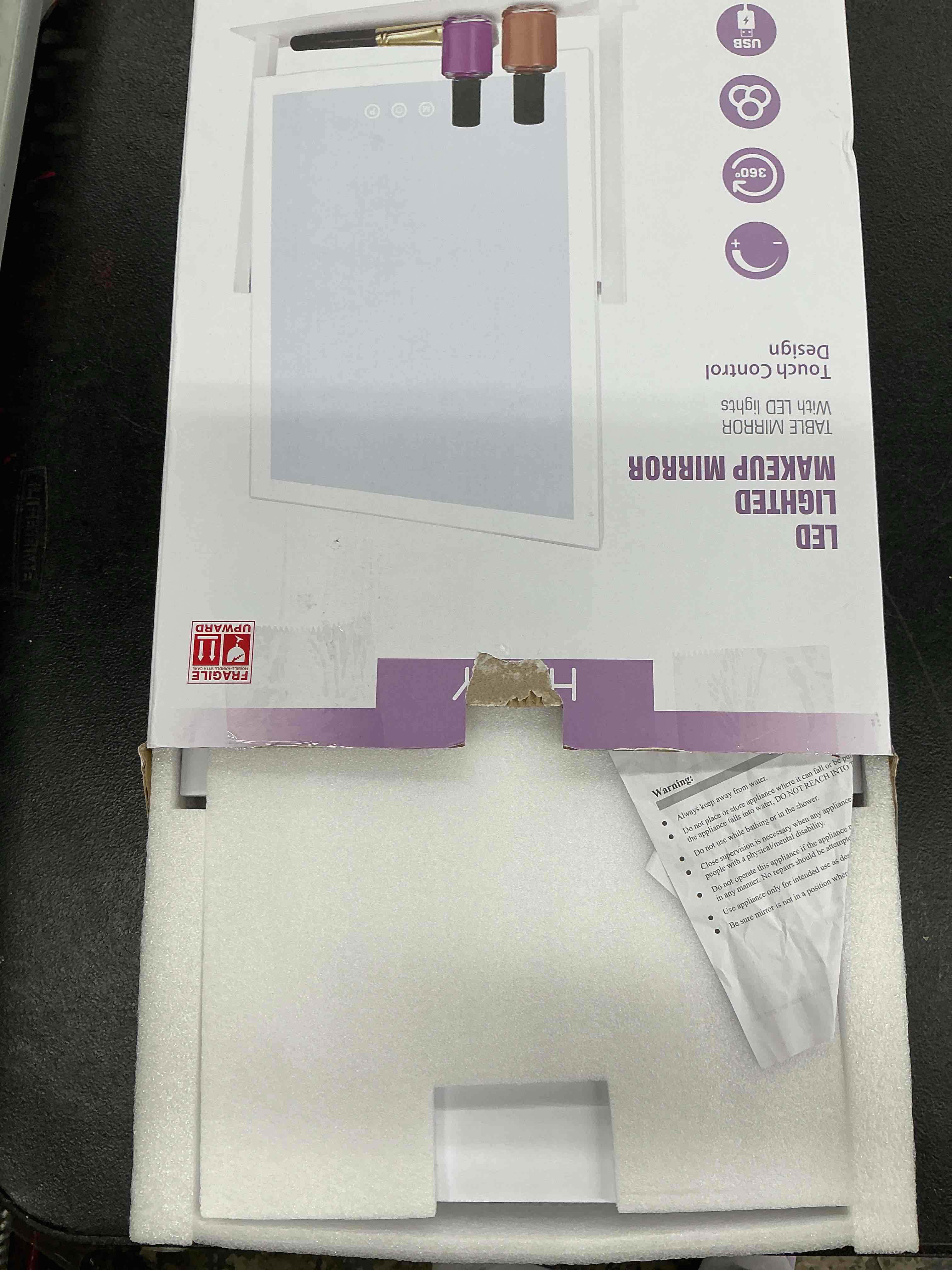 Condition photo showing New/Like New for hieey lighted makeup mirror, hollywood vanity mirror with lights, three color lighting modes, and 5x magnification mirror, smart touch control, 360°rotation (17.3in,white,gift box) 17.3"l x 13"w (96 led)