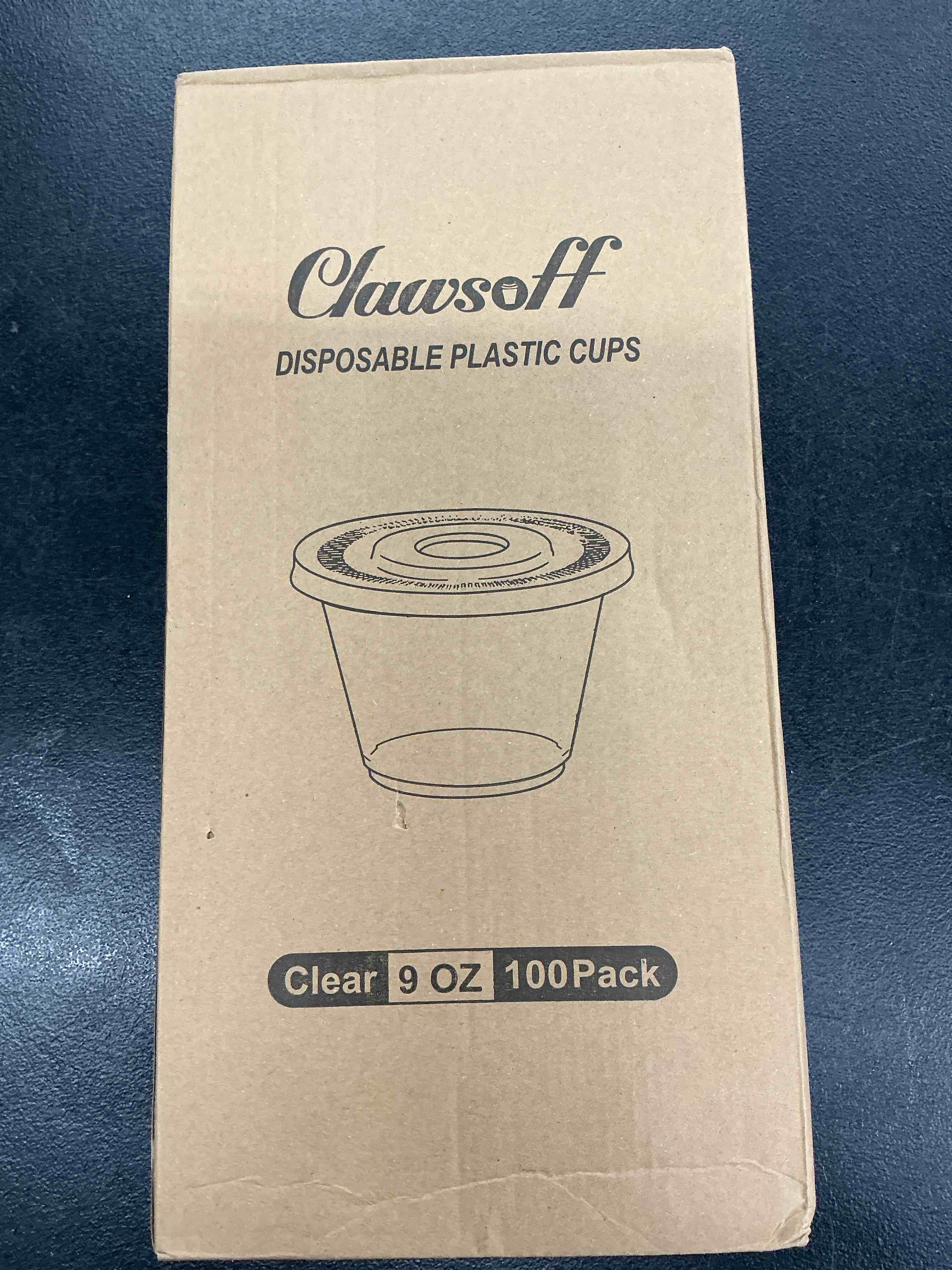 Condition photo showing Good Condition for 100 pack 9 oz clear plastic cups with lids, disposable dessert cup, fruit cup, clear pet cups for cake, cold drink, ice cream, salad 9oz-flat lids-100