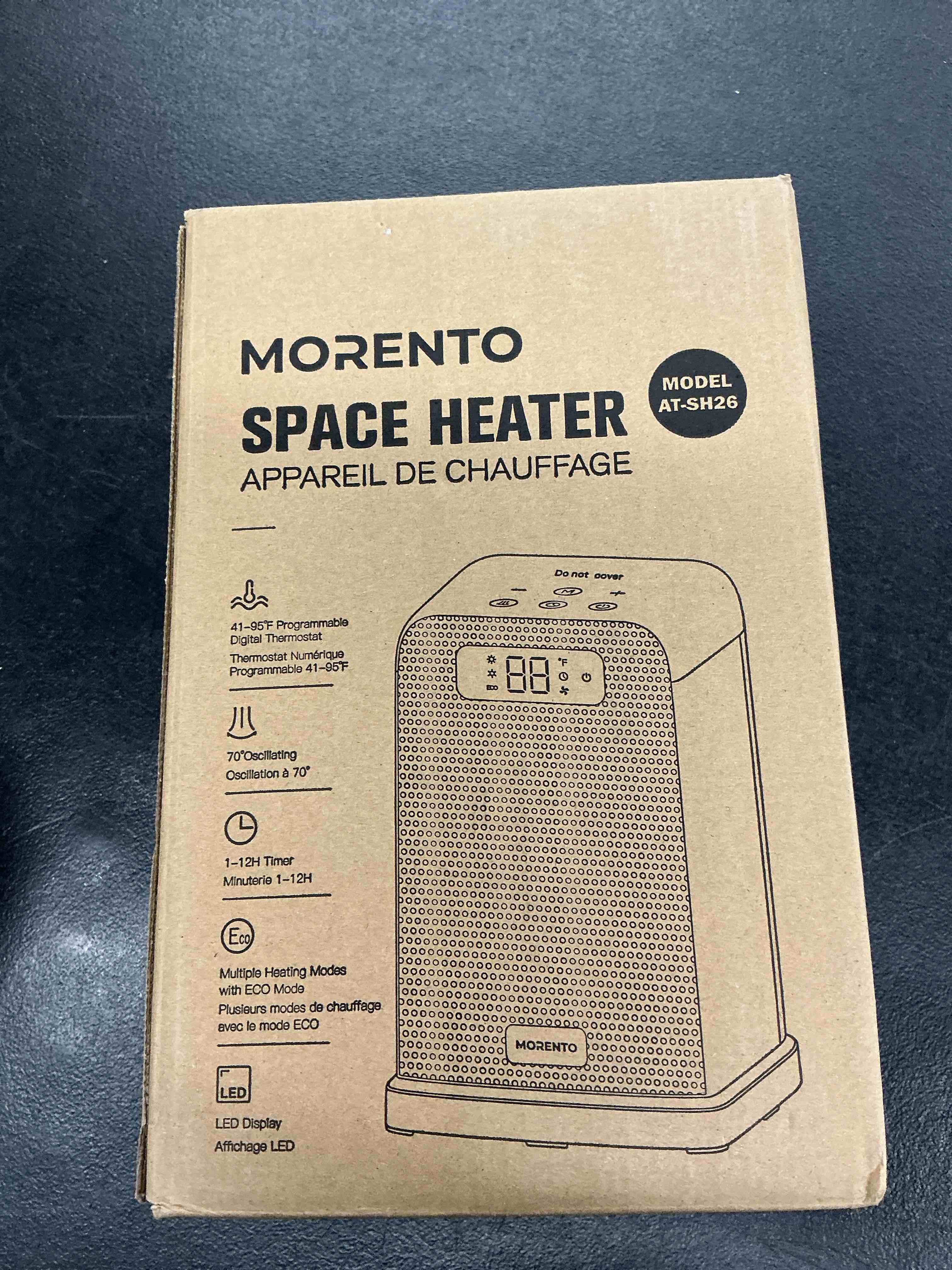 Condition photo showing Good Condition for space heaters for indoor use, 1500w small desk heater 2 in 1 with remote, thermostat, led display, overheat & tip over protection, 12h timer, 70° oscillating heater for office (black, 1pack) 10inch black