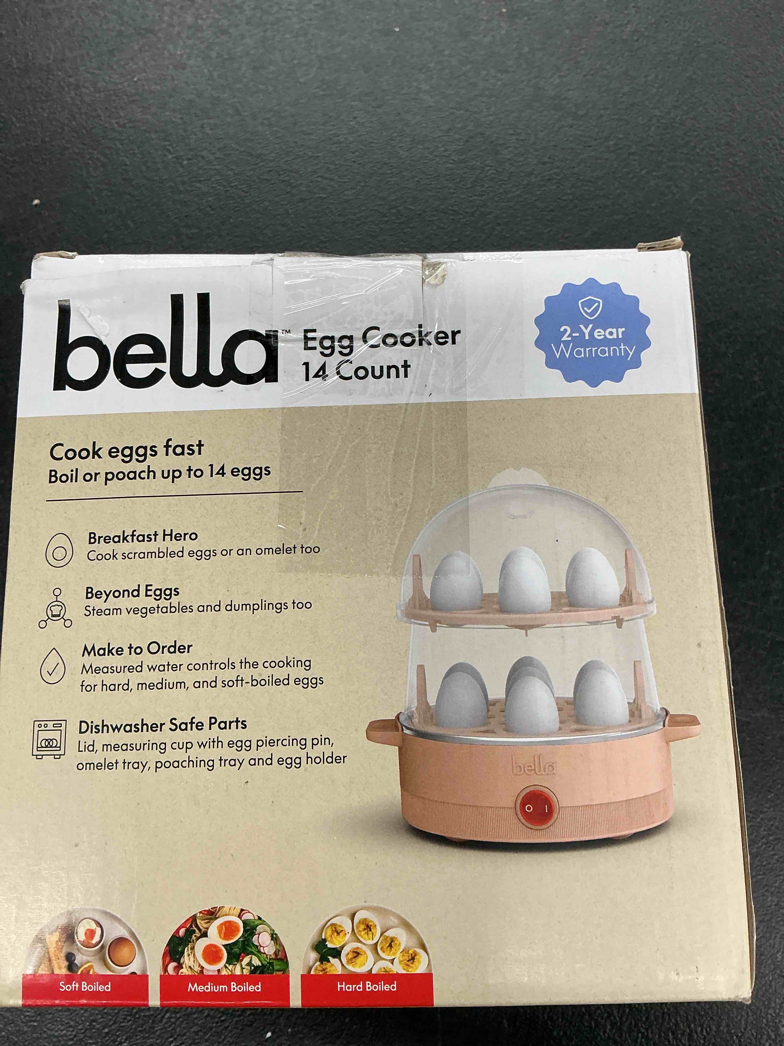 Condition photo showing Good Condition for bella electric egg cooker, 14 eggs capacity tray, double stack, for poached, scrambled, hard, medium & soft boiled eggs, omelets and steamed dumplings, auto shutoff, 360 watt, blossom