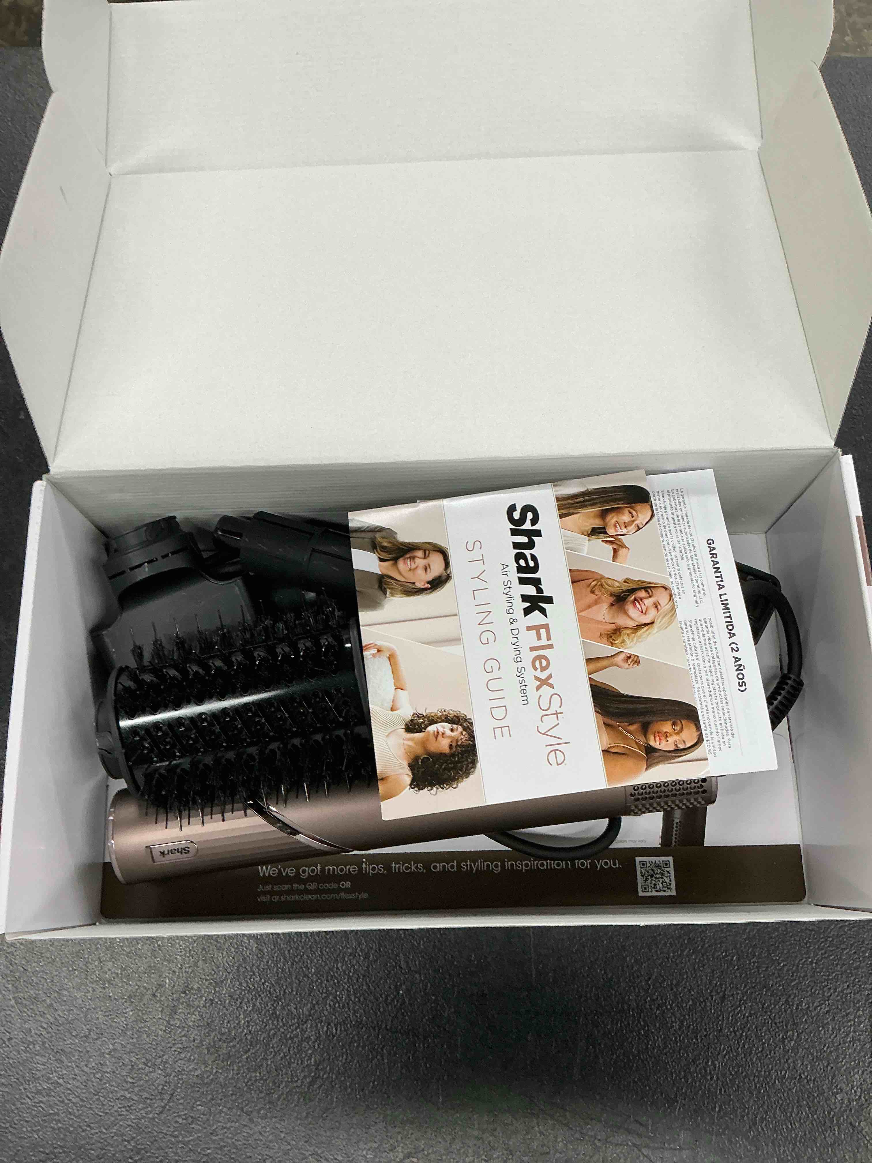 Condition photo showing Good Condition for shark flexstyle air styling & drying system, powerful hair blow dryer & multi-styler with auto-wrap curlers, oval brush, concentrator attachment, mocha, hd431br mocha silver (winter special)