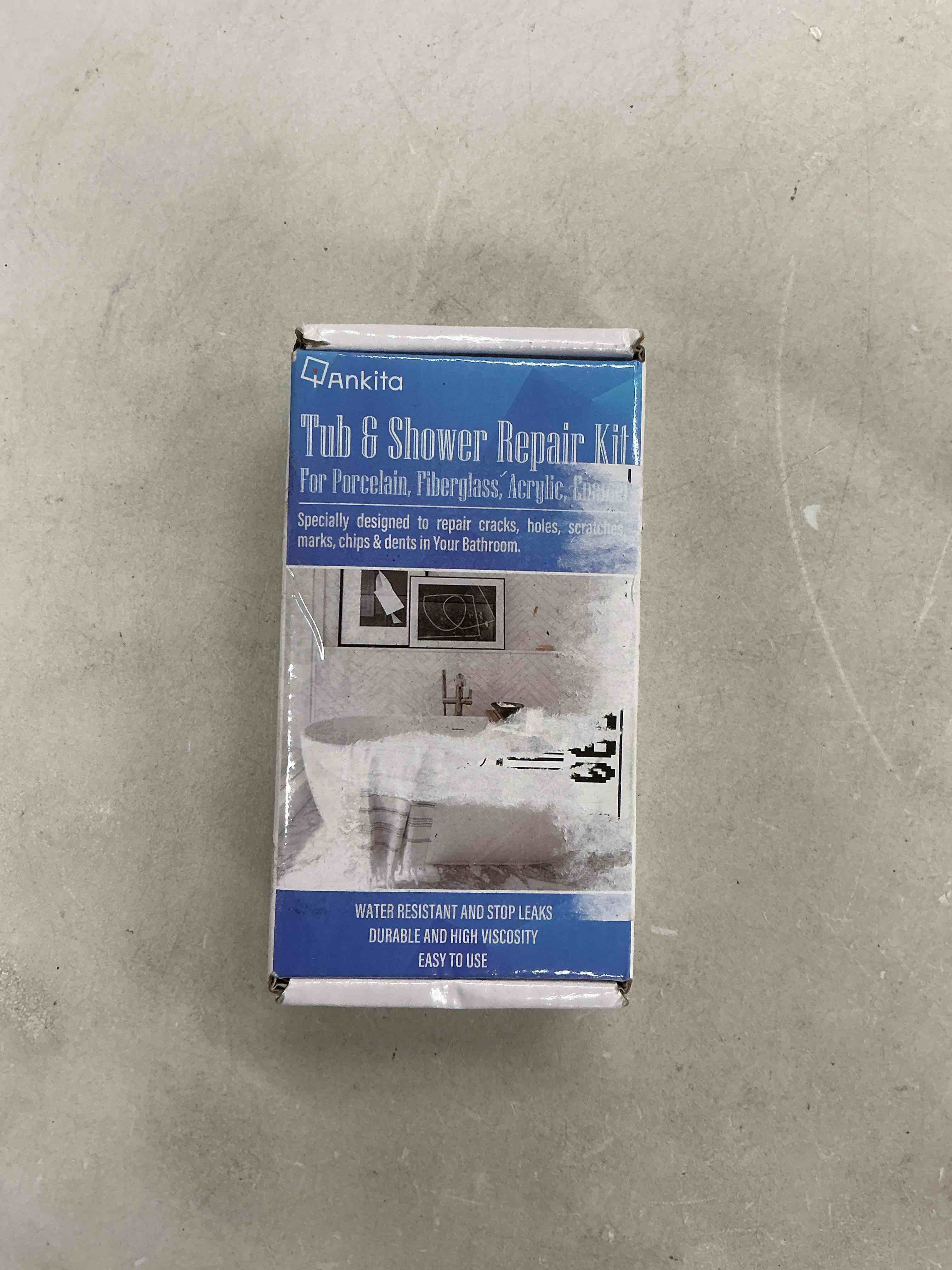 Condition photo showing Good Condition for tub repair kit white, tub chip and bathtub repair kit for enamel, fiberglass, acrylic, porcelain, patch and repairs chips, crack, scratches, rust, holes on tubs, toilet, sink, shower, tray in bathroom