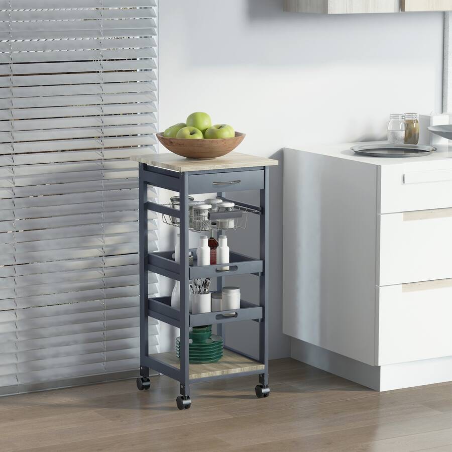Homcom - Mobile Kitchen Cart, Rolling Kitchen Island with Storage, Solid Wood Frame Cart with Wire Fruit Basket, Trays and Drawer - Gray