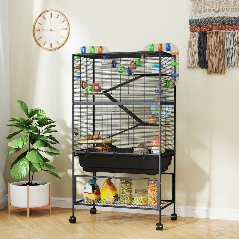 Hamster Cage, Rolling Rat Cage with Tray, Storage Shelf, Big Wheel, Hut, Tube System, for Syrian, Gerbil, Mouse