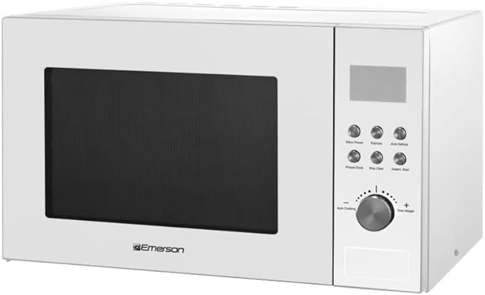 emerson Microwave  Oven with Timer & LED Display 1000W, 10 Power Levels, 6 Pre-Programmed Settings, Removable Glass Turntable with Child Safe Lock, 1.1 Cu. Ft, White