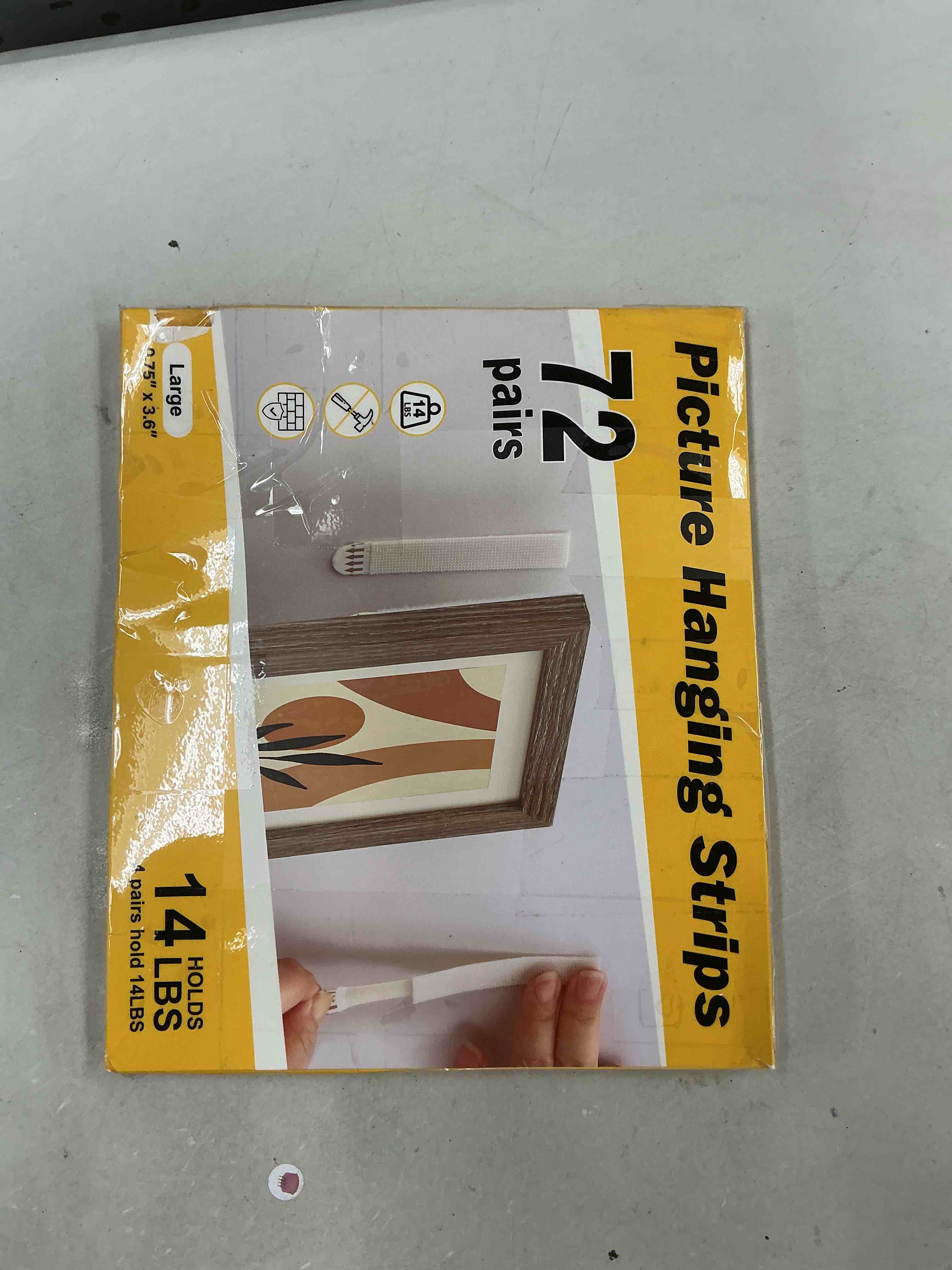 Condition photo showing Good Condition for fixwal 72pairs(144 packs) picture hanging strips, white large size 0.75"x 3.6",picture hanger kit heavy duty, removable damage free,picture hanging hooks for living room,bedroom