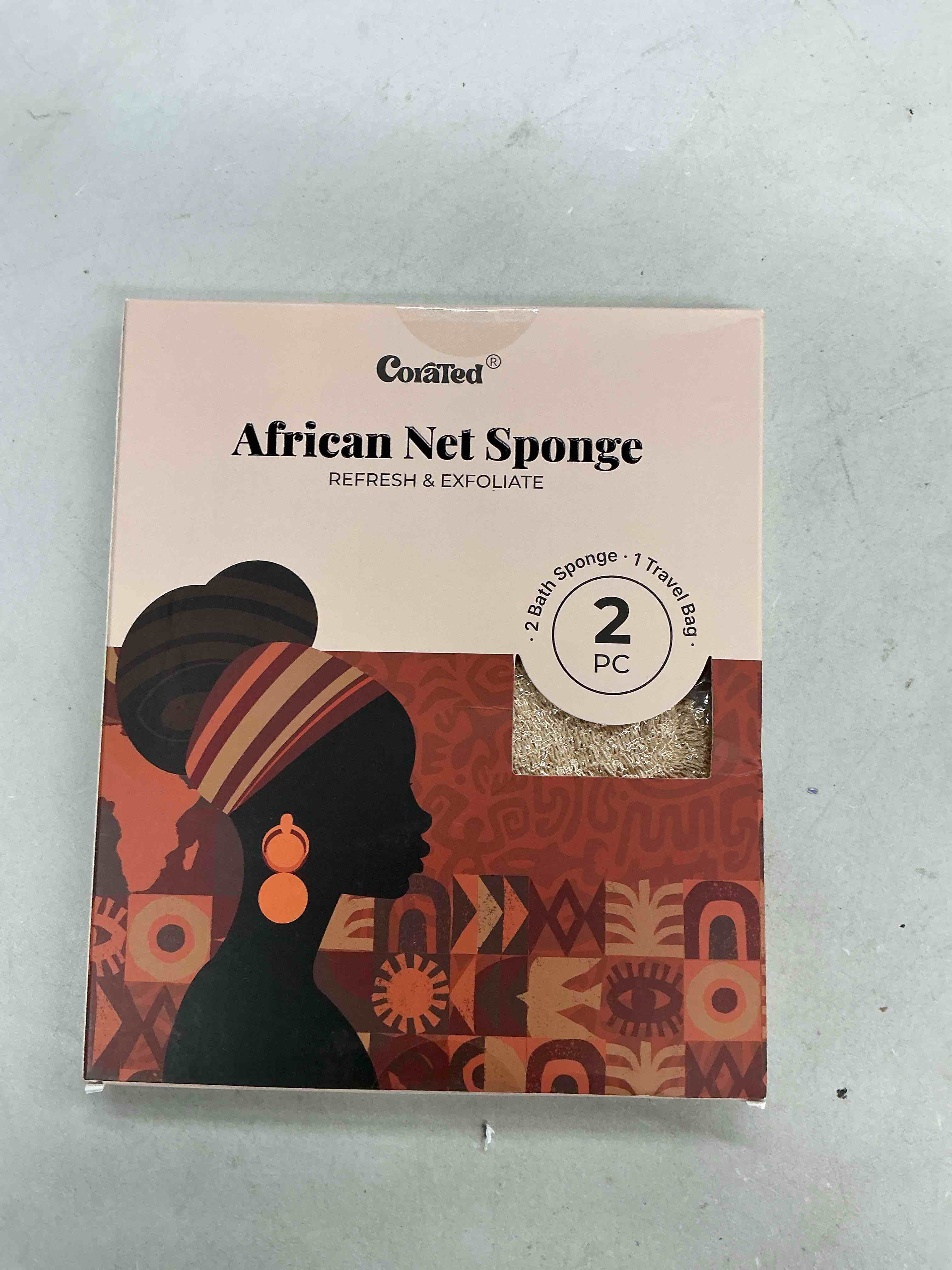 Condition photo showing New/Like New for corated african net sponge authentic, shower loofah exfoliating bath sponge, body scrubber for women and men daily use body care, travel portable bath accessories gifts for women linen & brown