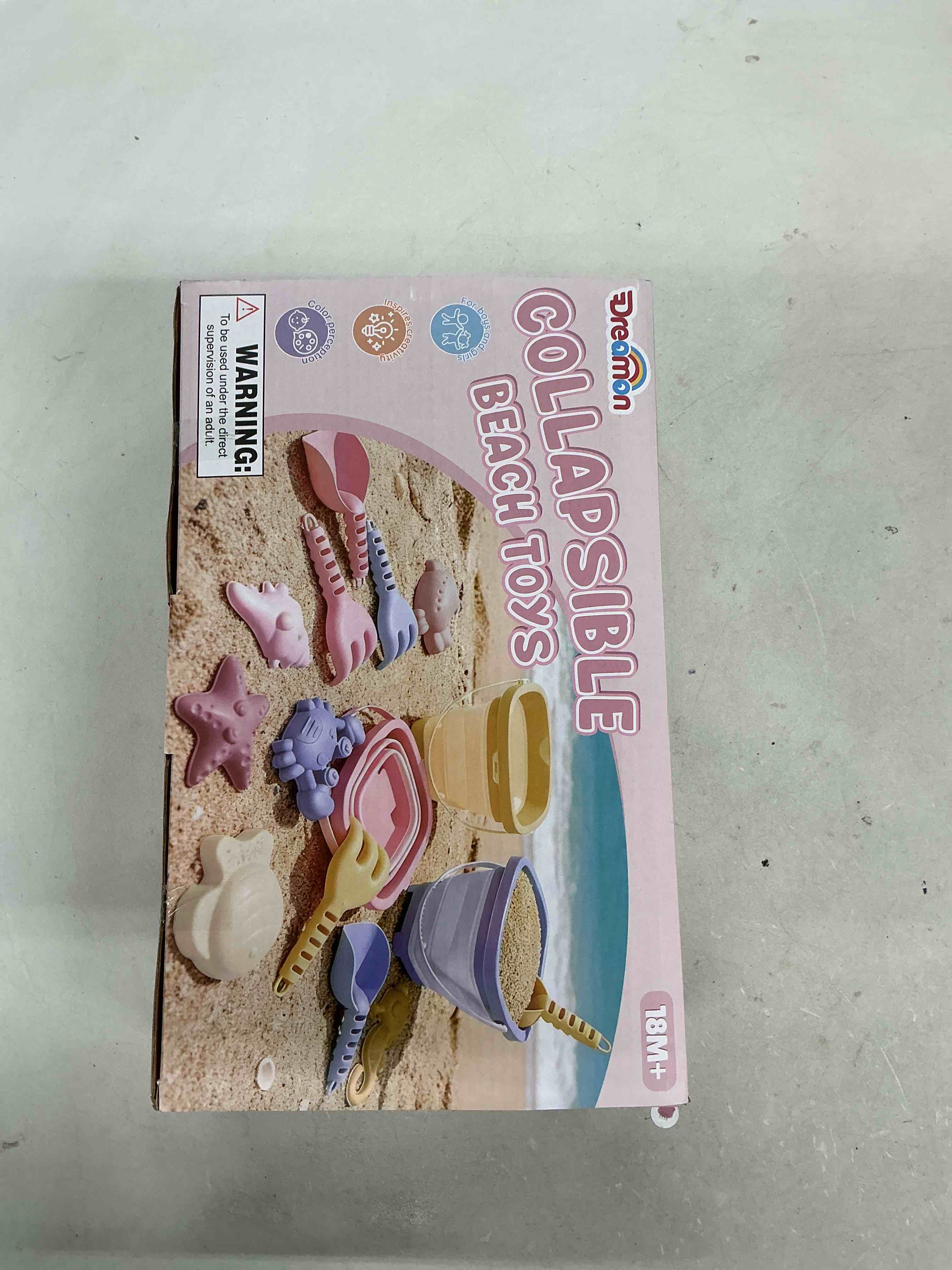 Condition photo showing New/Like New for 3 pack beach toys set for kids toddlers girls, collapsible sand buckets with beach molds and mesh bag, sandbox travel toys beach vacation essentials, camping gear, fishing (purple/pink/yellow)