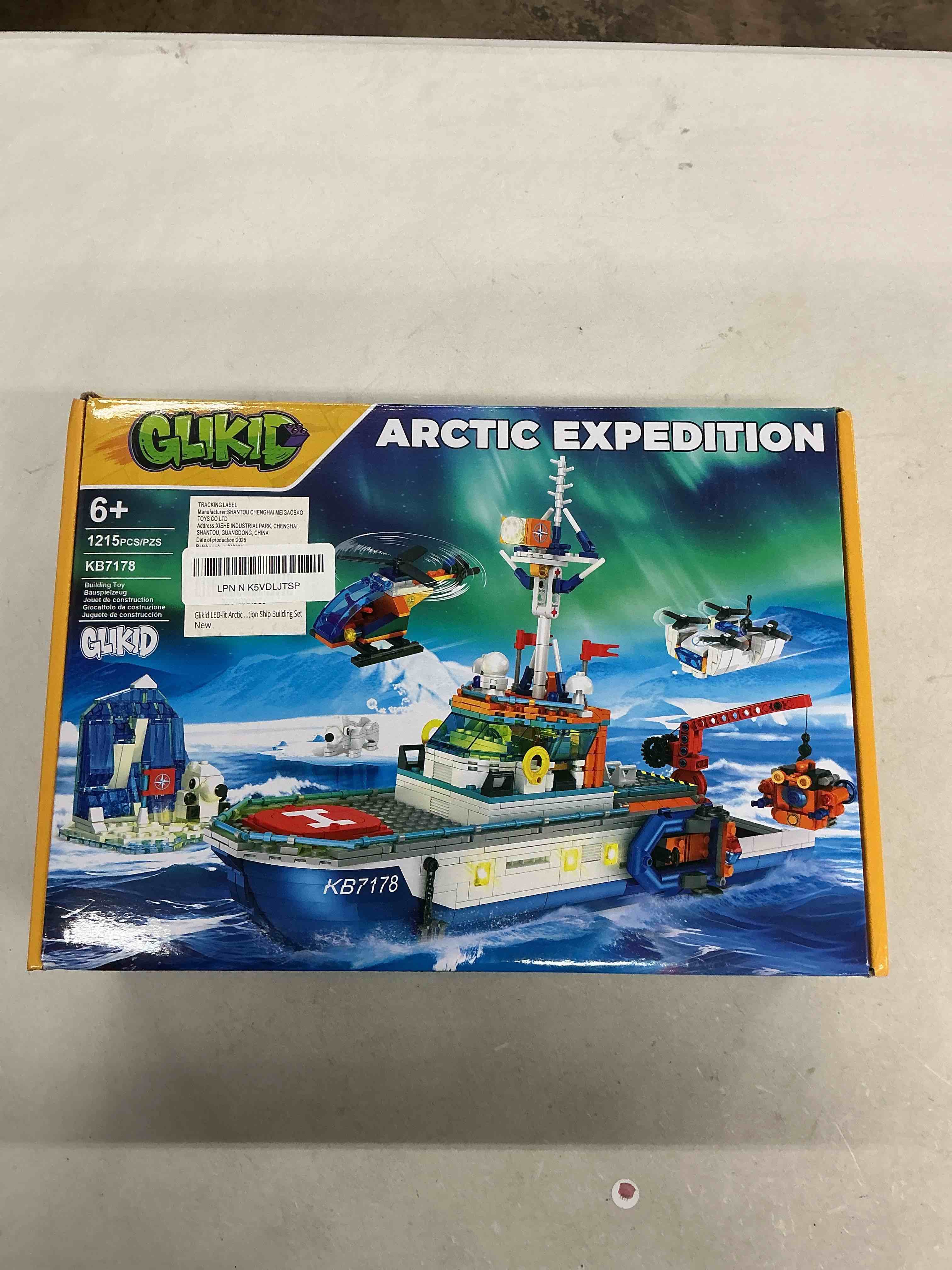 Condition photo showing New/Like New for city boat building set with led lights - arctic explorer ship toy gift for 8 year old boys and girls, with helicopter, drone, speedboat, submersible, iceberg, and polar bears